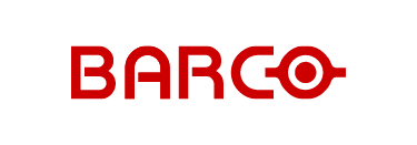 The Barco logo, featuring the name "BARCO" in a red, stylized font, with the 'O' forming a concentric circular graphic connected to a small horizontal line, set against a solid black background.