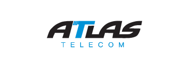 The Atlas Telecom logo, featuring the word "ATLAS" in a stylized, dark gray font with the letter 'T' highlighted in bright blue, and the word "TELECOM" below it in a smaller, blue, outlined font, all set against a solid black background.