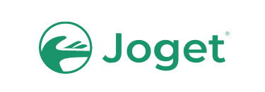 The Joget logo, which features a stylized teal hand or flow icon within a circle to the left of the company name "Joget" in matching teal text, set against a solid black background.