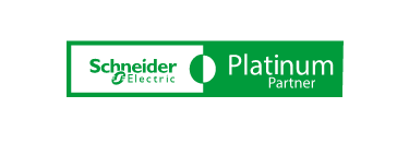 Schneider Electric Platinum Partner logo. The logo is a horizontal green rectangle with a black square on the left containing the white 'Schneider Electric' text. To the right, in the green section, are the words 'Platinum Partner' in white.