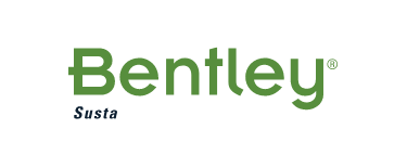 The Bentley Systems logo, featuring the name "Bentley" in a green, stylized, sans-serif font, with the word "Susta" in a smaller, blue font underneath, all set against a solid black background.