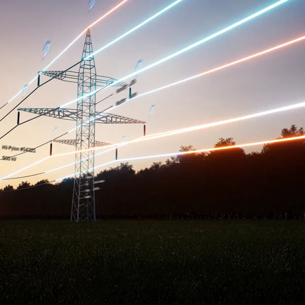 A graphic of high-voltage electrical transmission towers silhouetted against a sunset sky and a dark forest.