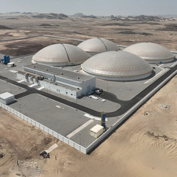 Aerial photo of a large industrial facility in the desert, featuring four massive domed storage tanks and a utility building within a fenced area.