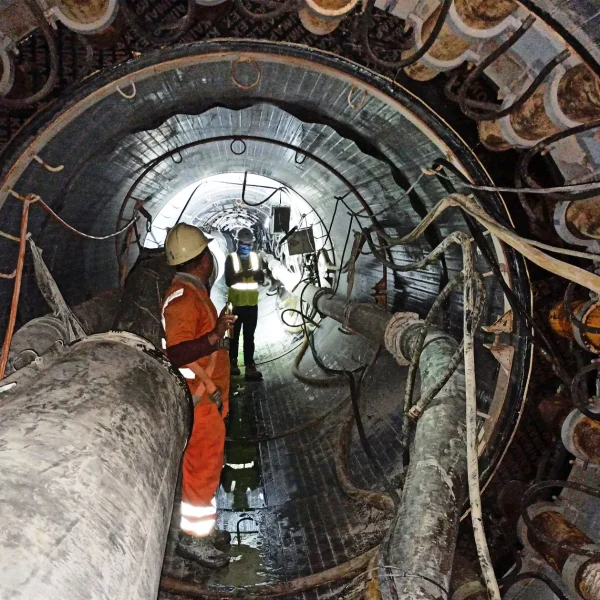 Interior view of a newly constructed tunnel or the tail end of a tunnel boring machine. The cylindrical tunnel walls are lined with concrete segments and surrounded by thick cables and pipes.
