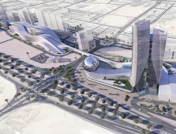 Aerial render of Kuwait City Hub for the Arts, featuring wave-inspired architecture, the 3D pearl structure, and cultural spaces in the Sharq Region.