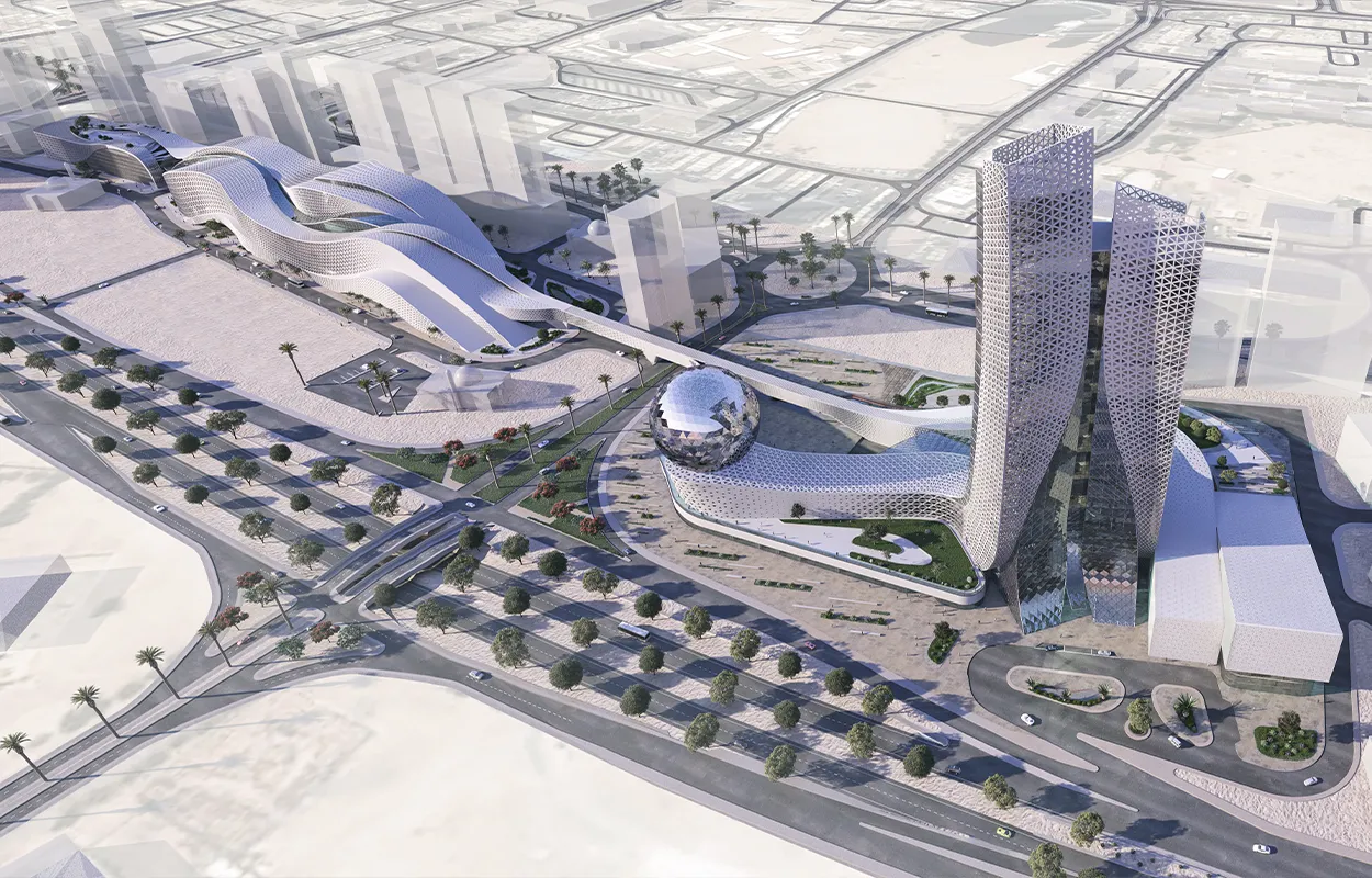 Aerial render of Kuwait City Hub for the Arts, featuring wave-inspired architecture, the 3D pearl structure, and cultural spaces in the Sharq Region.
