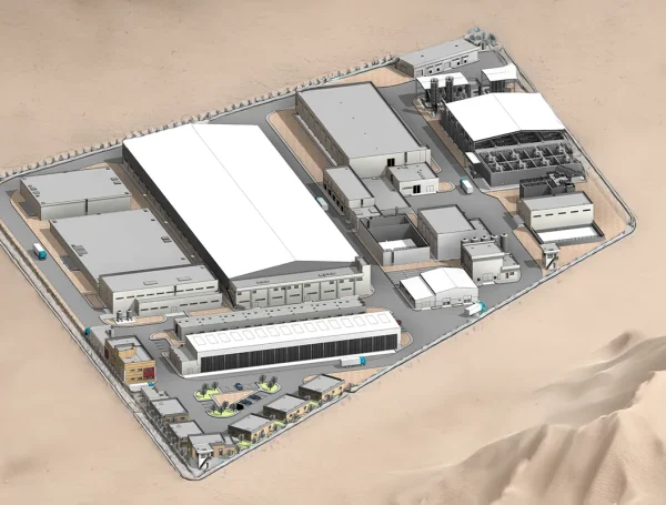 3D rendering of Abu Flous Desalination Plant in Basra, featuring large processing buildings, utility structures, storage tanks, and internal roads within a secured perimeter.