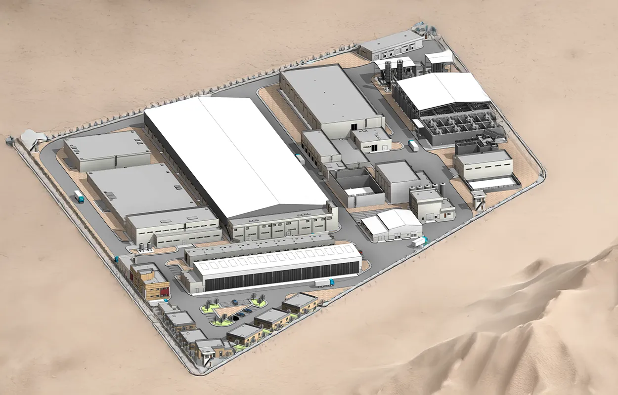 3D rendering of Abu Flous Desalination Plant in Basra, featuring large processing buildings, utility structures, storage tanks, and internal roads within a secured perimeter.