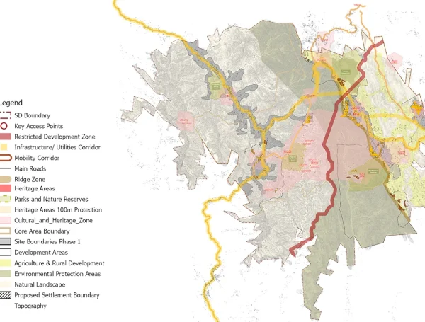 Zoning and land-use planning map of Al Soudah Mountain in Saudi Arabia, showing roads, utilities, heritage areas, natural reserves, agricultural zones, and proposed settlement boundaries.