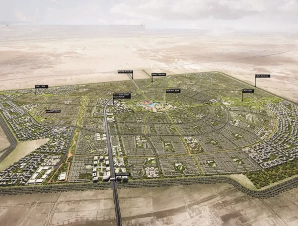 Aerial rendering of Ali El Wardy City masterplan in Saudi Arabia, delivered by K&A's urban planning experts, designed as an inclusive, smart, and sustainable community with green corridors, mixed-use districts, and central civic spaces.