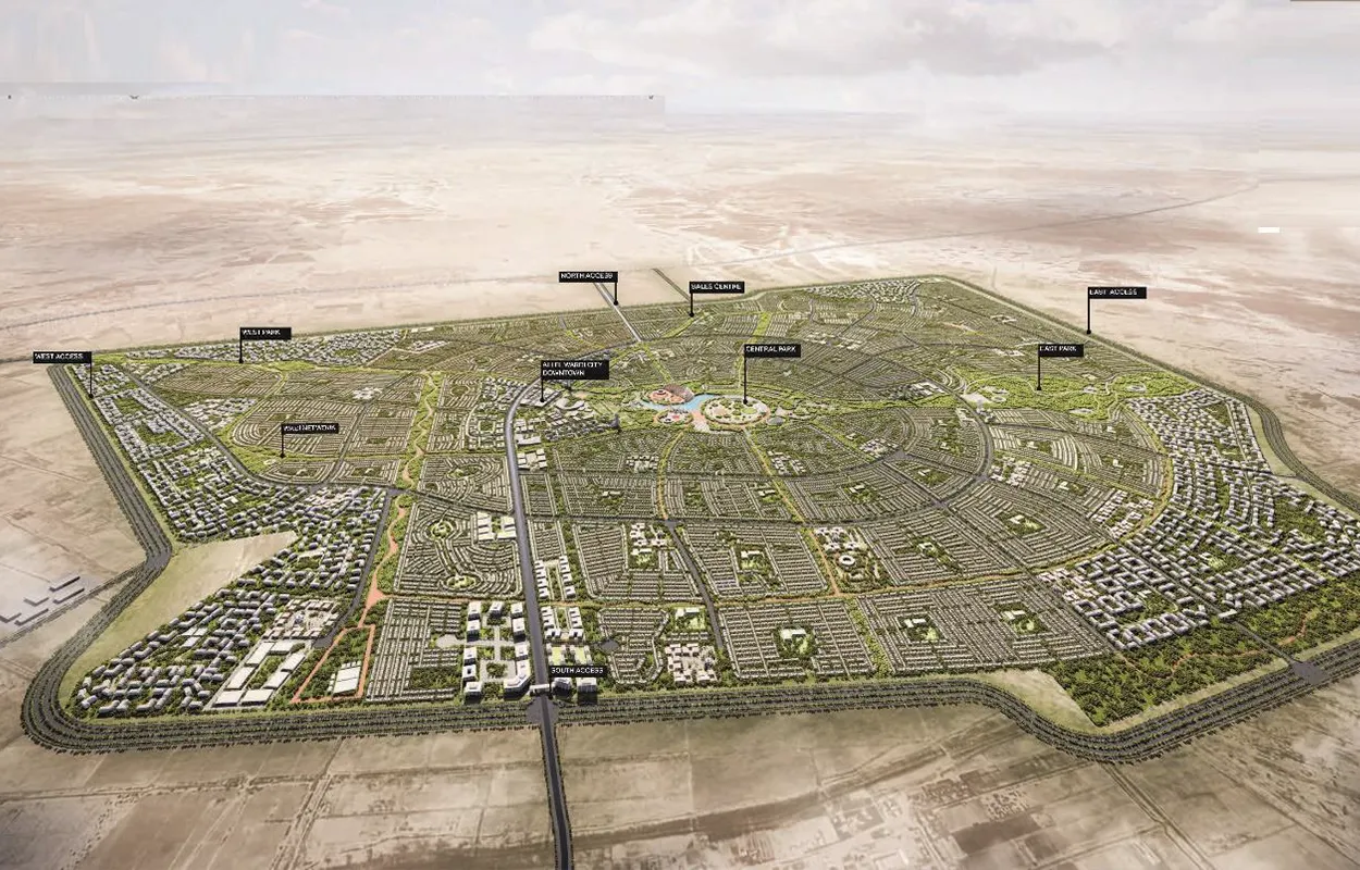 Aerial rendering of Ali El Wardy City masterplan in Saudi Arabia, delivered by K&A's urban planning experts, designed as an inclusive, smart, and sustainable community with green corridors, mixed-use districts, and central civic spaces.