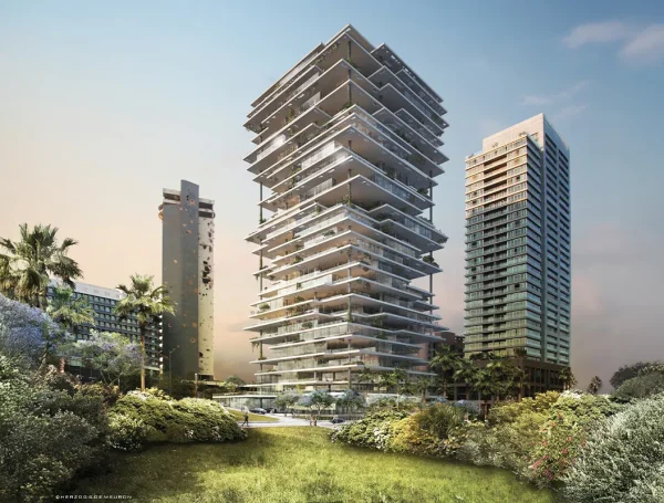 Beirut Terraces high-rise, featuring layered balconies, modern glass façade, and integrated greenery overlooking the Beirut skyline.