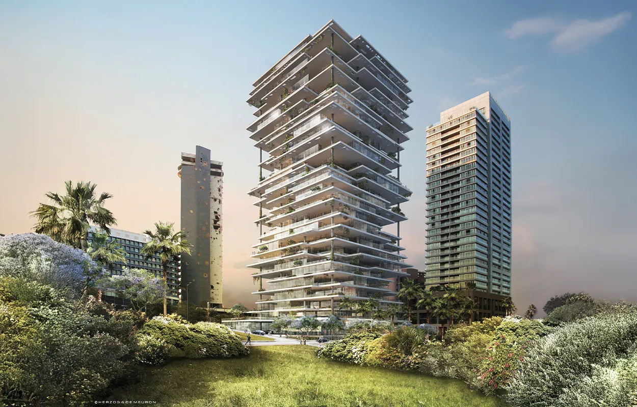 Beirut Terraces high-rise, featuring layered balconies, modern glass façade, and integrated greenery overlooking the Beirut skyline.