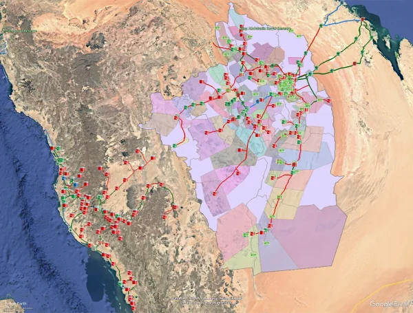 Map of Saudi Arabia showing strategic water infrastructure, including reservoirs, pipelines, and regional zones, as part of a national water storage planning network.