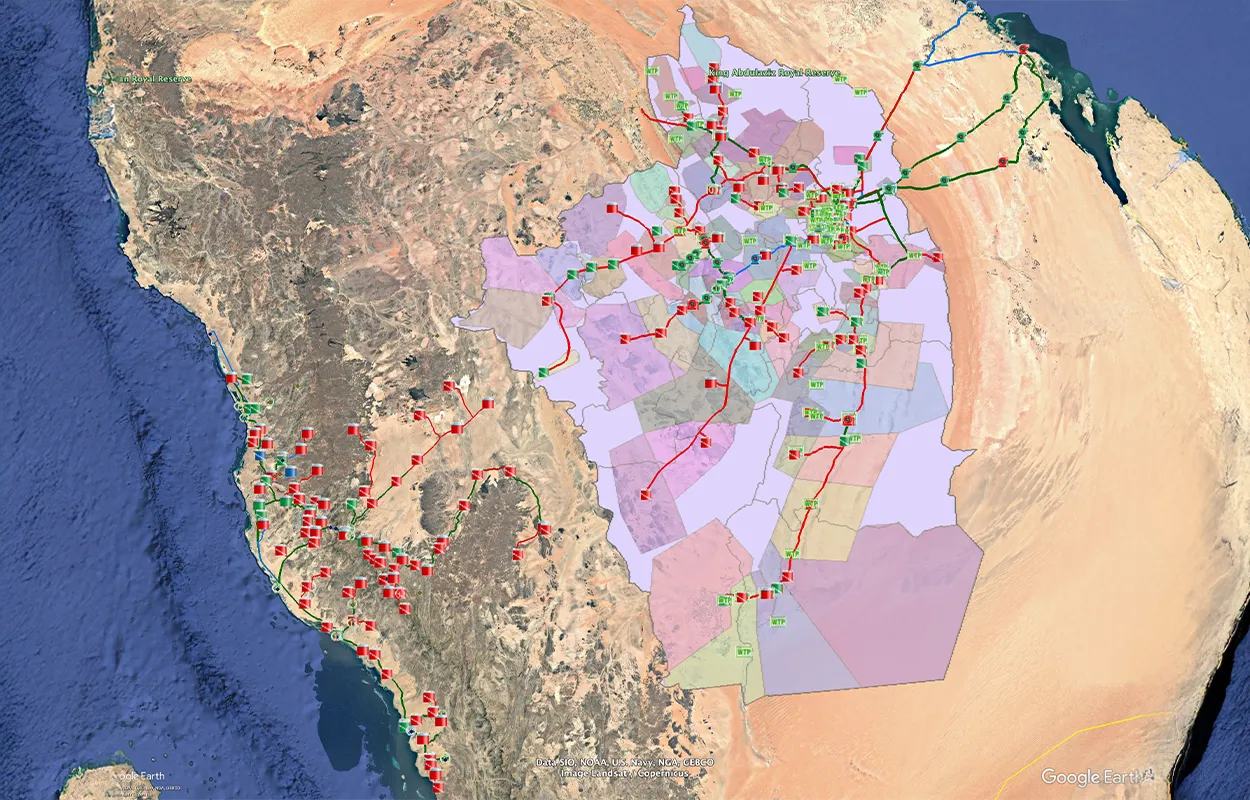 Map of Saudi Arabia showing strategic water infrastructure, including reservoirs, pipelines, and regional zones, as part of a national water storage planning network.