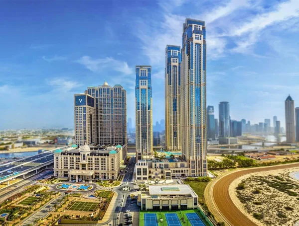 Panoramic view of Al Habtoor City in Dubai, featuring luxury high-rise towers, residential complexes, and surrounding urban landscape.