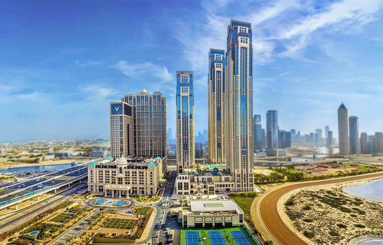 Panoramic view of Al Habtoor City in Dubai, featuring luxury high-rise towers, residential complexes, and surrounding urban landscape.