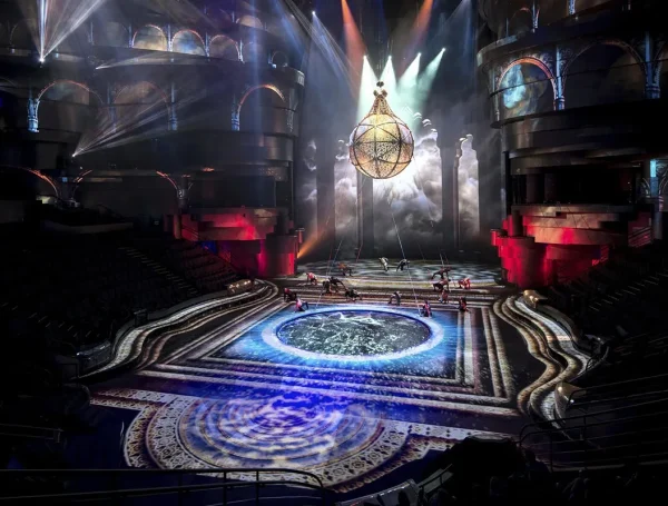 Interior of La Perle Aqua Theater in Dubai, showing a circular stage surrounded by a water performance arena.