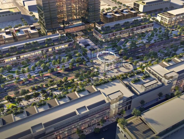 Aerial view of Lemar Mixed Use Development in Riyadh featuring integrated commercial buildings and landscaped public spaces.