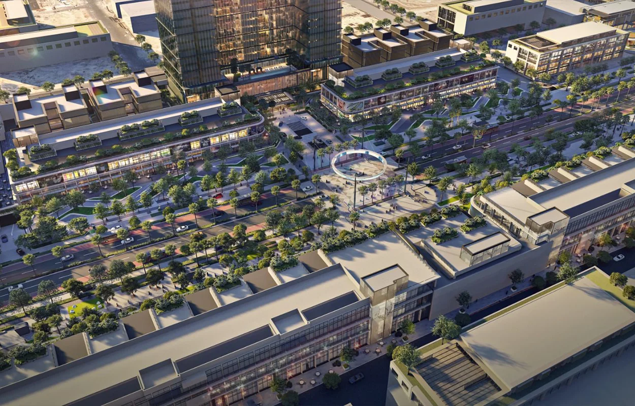 Aerial view of Lemar Mixed Use Development in Riyadh featuring integrated commercial buildings and landscaped public spaces.