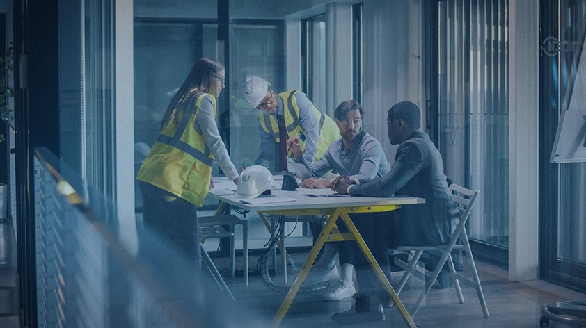 Four professionals in safety vests and hard hats review plans at a glass-walled office table, laptop and blueprints visible.”]} Need?{