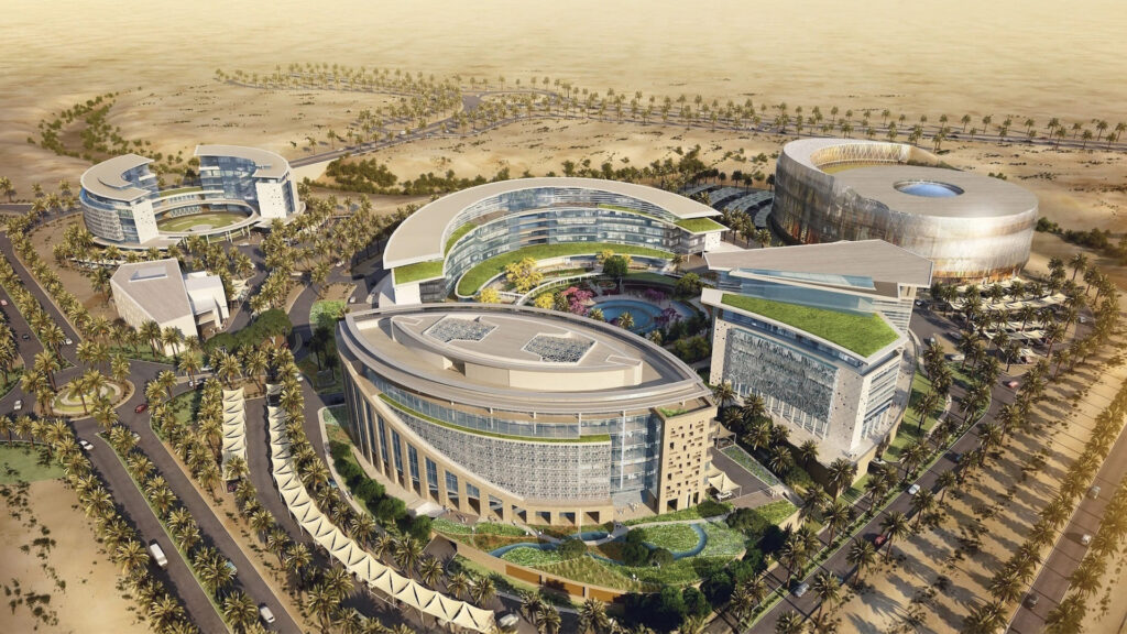 OMRAN Headquarters in Madinat Irfan, delivered by K&A with climate-responsive design, landscaped courtyards, and sustainability-focused architecture in Oman.
