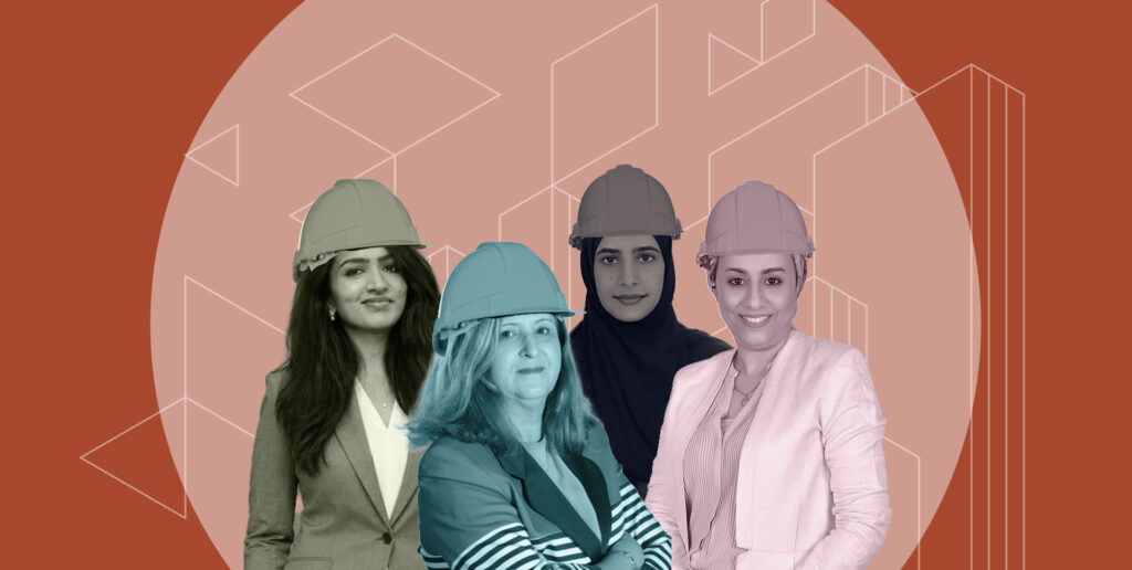 Four diverse women wearing hard hats pose together in front of an abstract geometric background, suggesting a construction/engineering team.