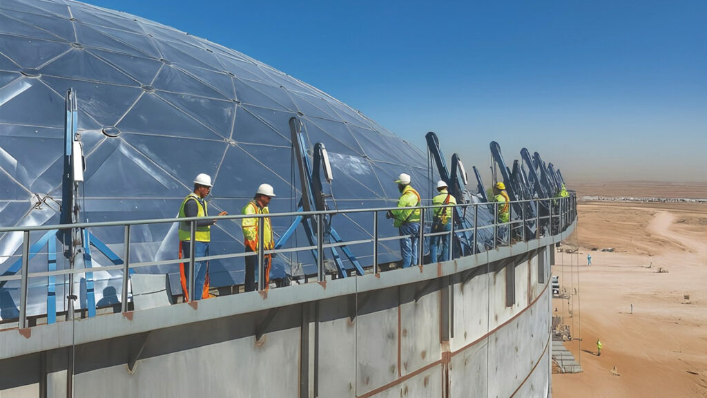 Workers in hard hats and high-visibility vests walk along a metal railing on a curved, reflective solar array structure in a desert landscape.