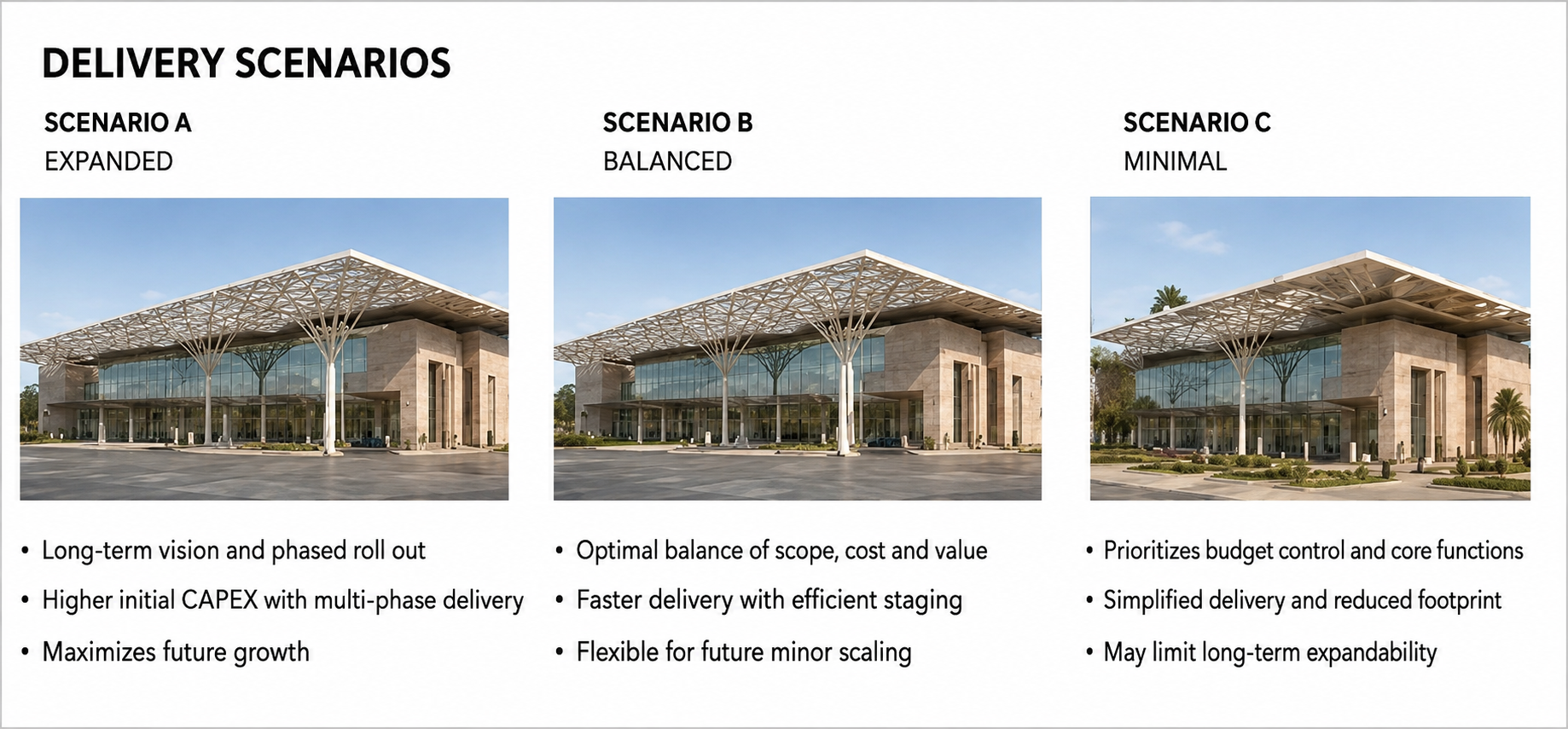 Three concept design scenarios comparing expanded, balanced, and minimal delivery options
