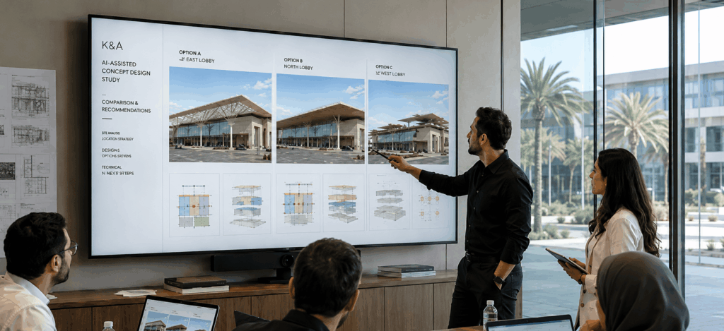 Team discusses an architectural presentation projected on a large screen showing three lobby designs with diagrams, in a bright conference room.