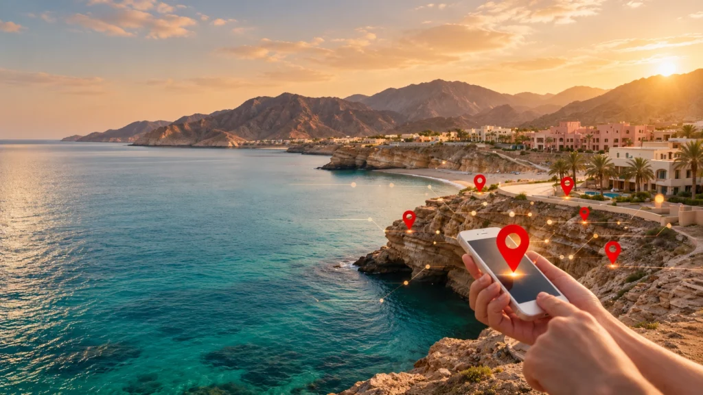 Conceptual GCC coastal tourism destination with digital connectivity lines and location markers