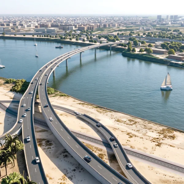 Rendering of Al-Jadriya Bridge spanning the Tigris River in Baghdad, with connecting roads and landscaped riverbanks