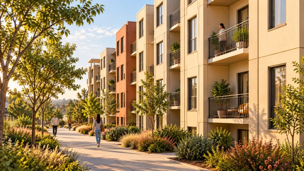 Apartment buildings overlooking a landscaped pedestrian walkway, with residents walking beneath shade trees.
